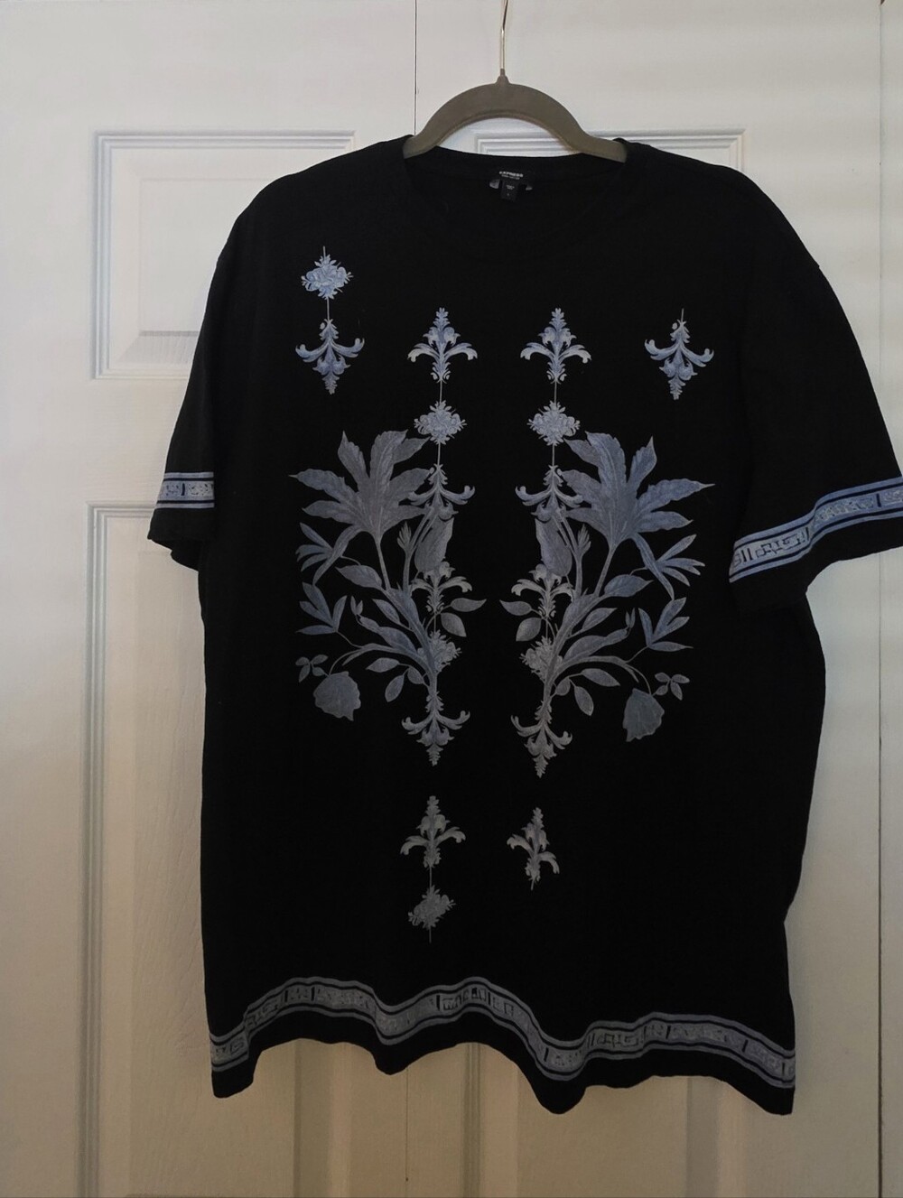 Express Black Short Sleeve Tee with Gray Botanical Motif